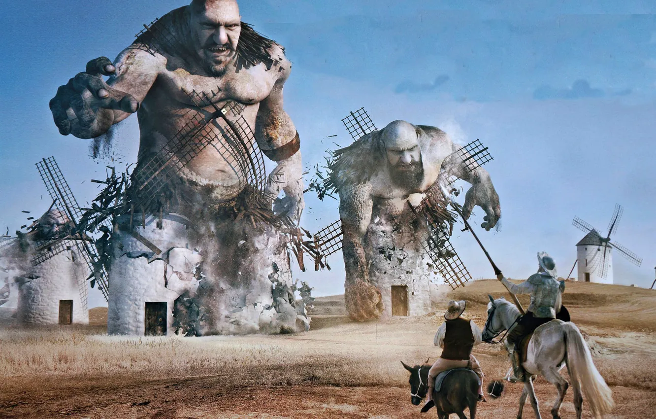 Фото обои мельницы, сражение, Дон Кихот, Санчо Панса, великаны