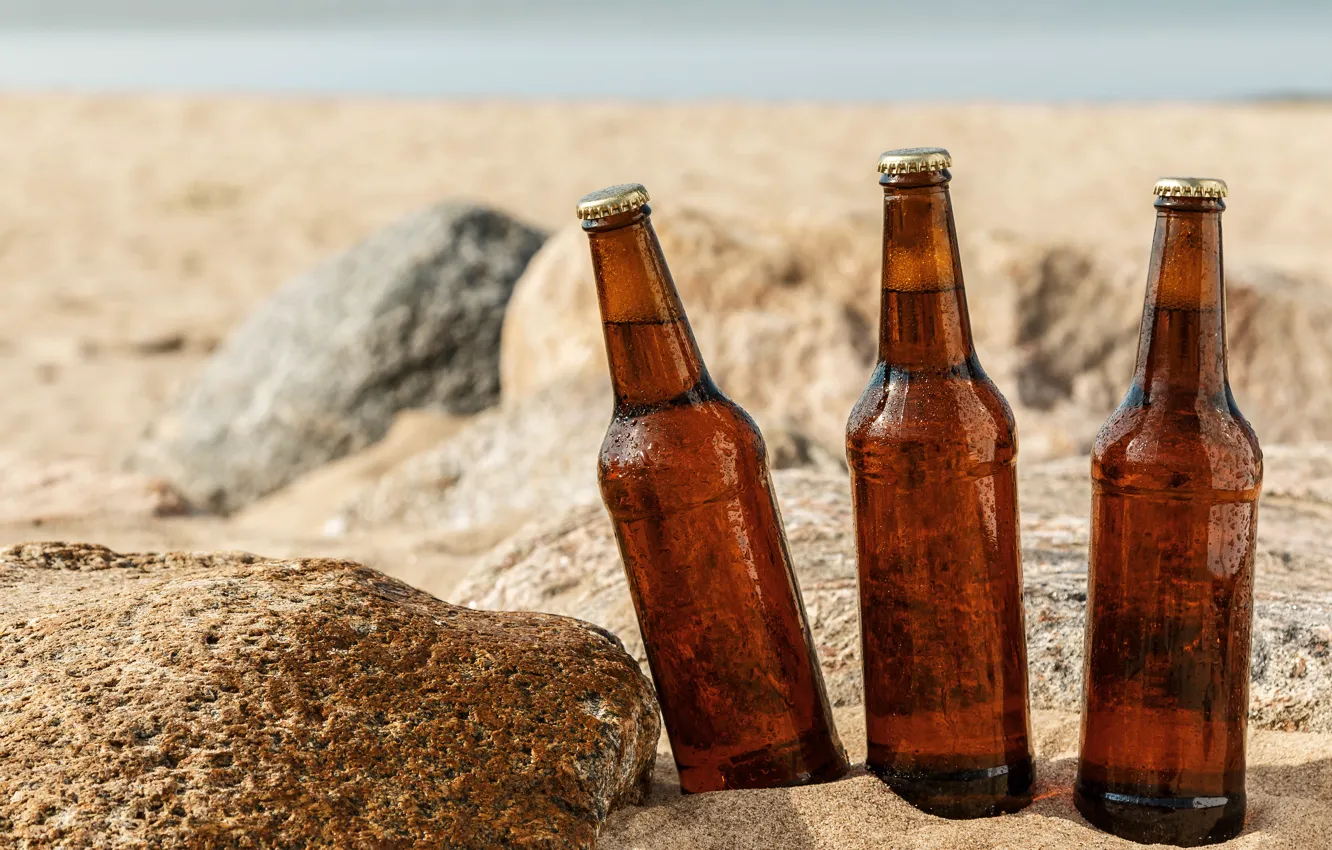 Фото обои песок, море, пляж, солнце, камни, пиво, бутылки, мокрые