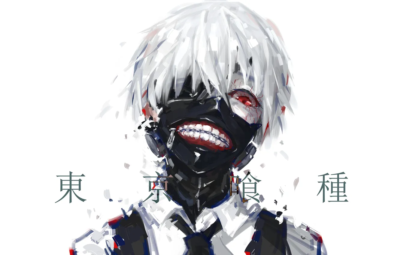 Фото обои аниме, маска, белые волосы, anime, красный глаз, Tokyo Ghoul, Kaneki Ken, Токийский Гуль