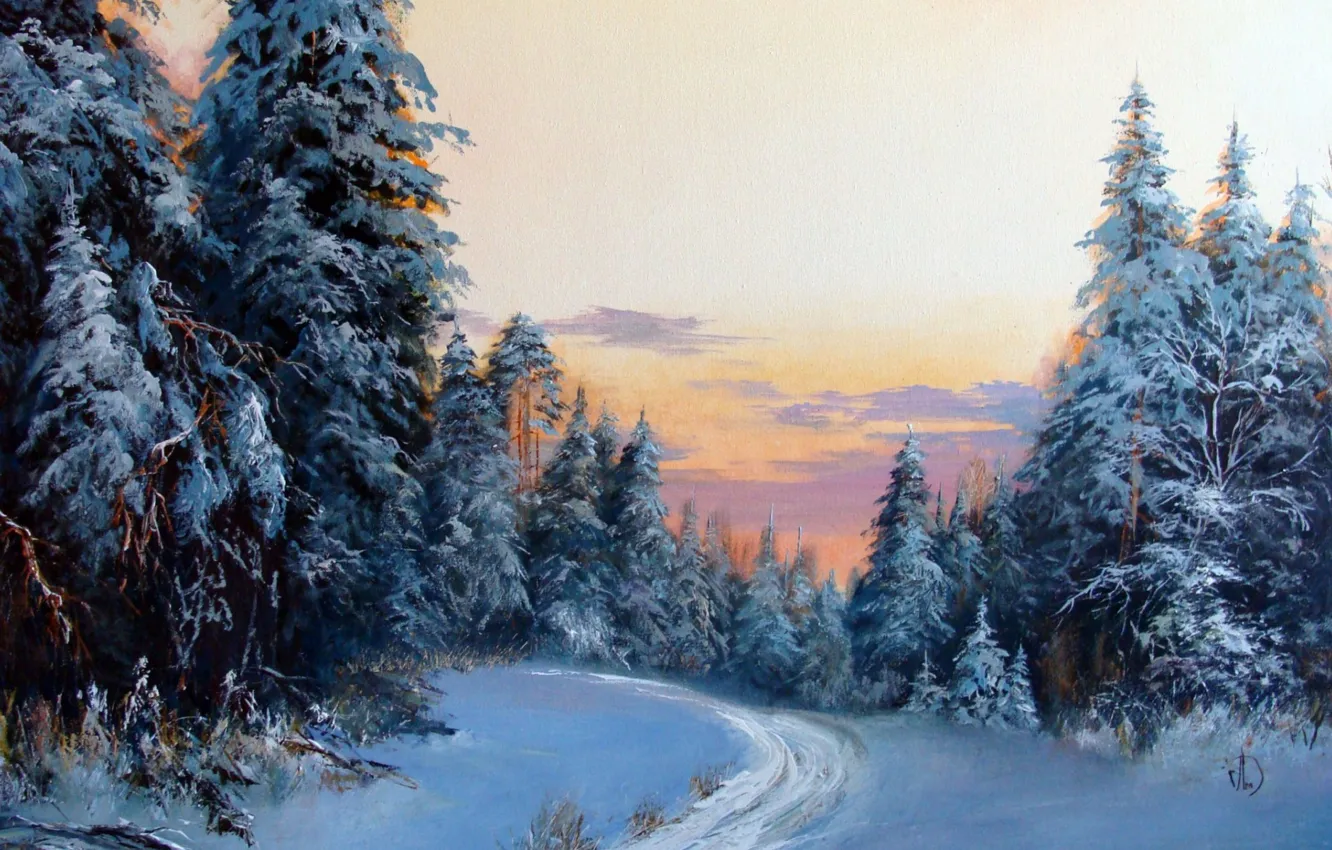 Фото обои зима, лес, снег, пейзаж, закат, Александра Леднева