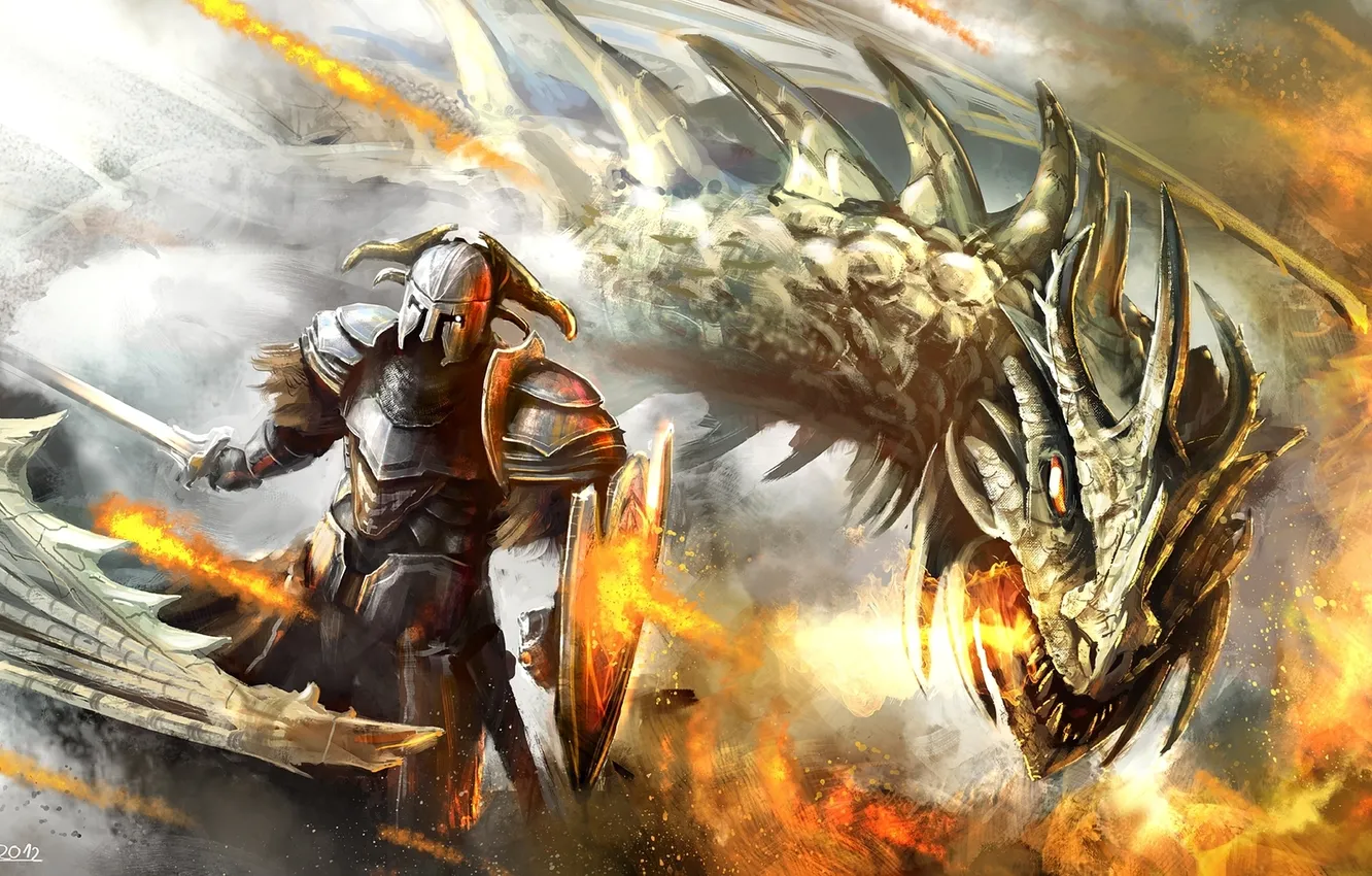 Фото обои оружие, огонь, дракон, монстр, меч, воин, арт, ящер