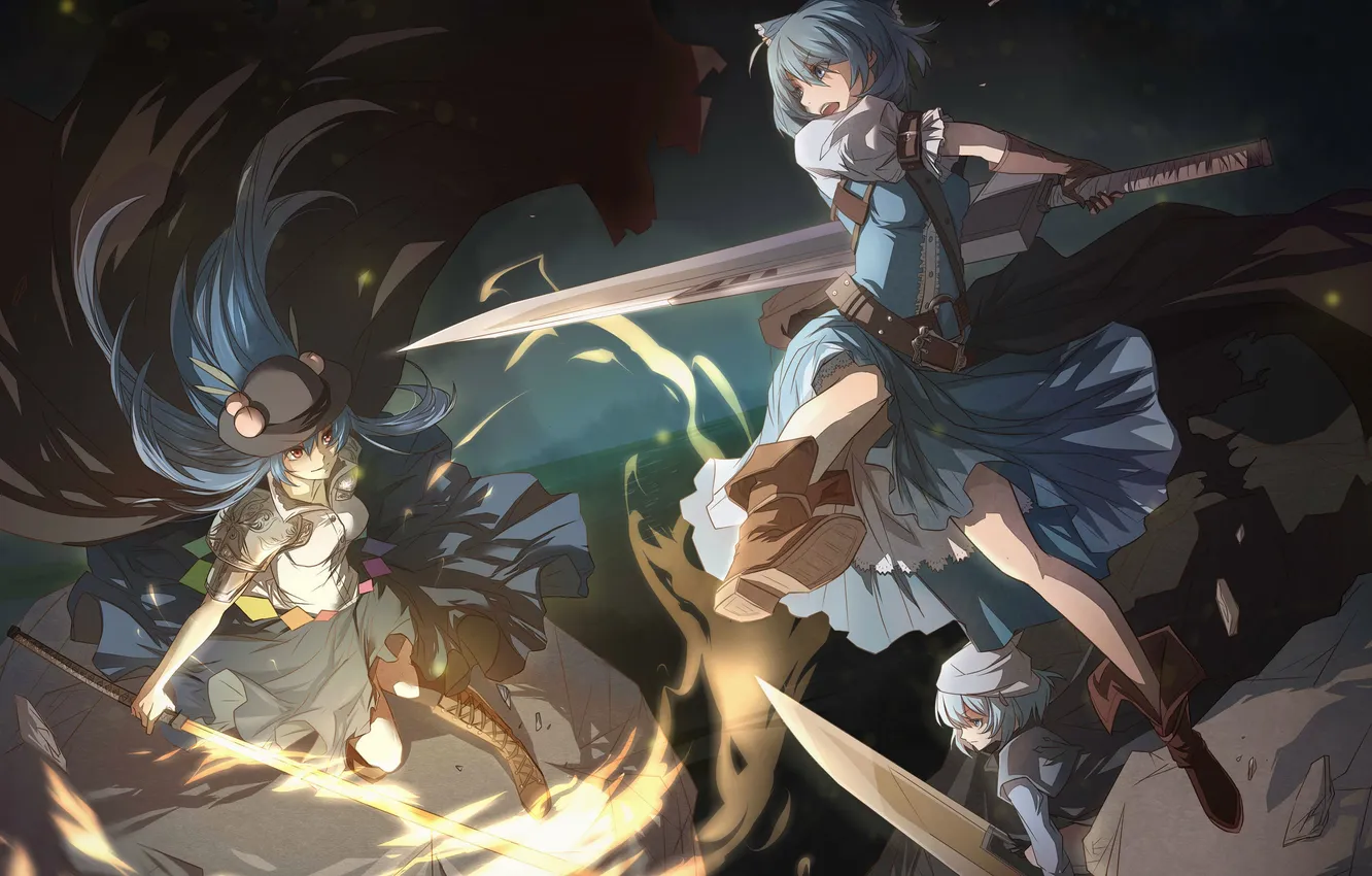 Фото обои оружие, девушки, меч, шляпа, аниме, арт, сражение, touhou
