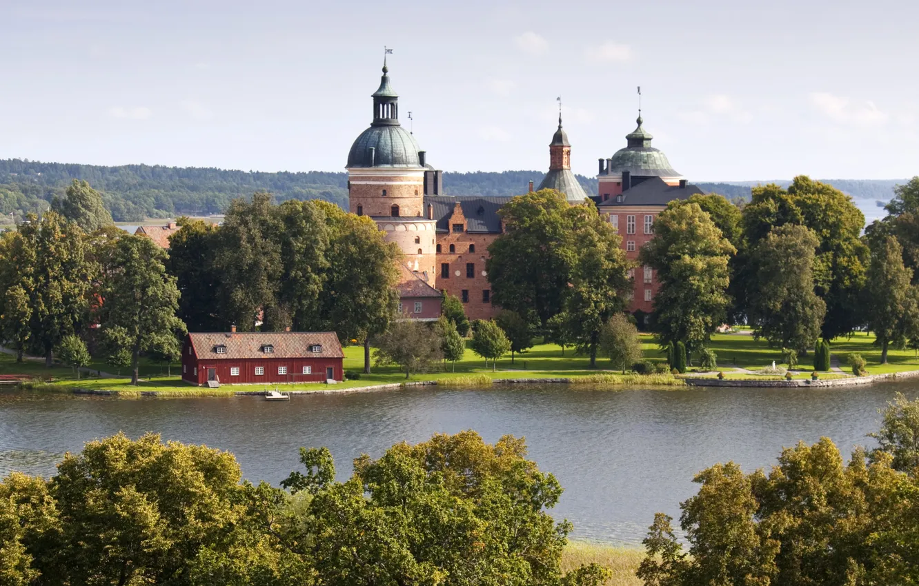 Фото обои деревья, река, замок, Швеция, Gripsholms