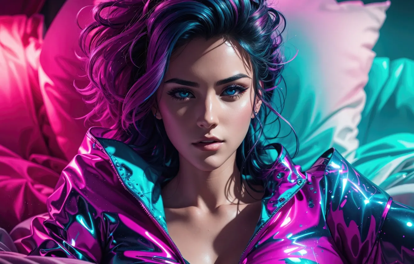 Фото обои портрет, неон, вид сверху, очарование, digital art, цифровое искусство, красивая брюнетка, Cyberpunk