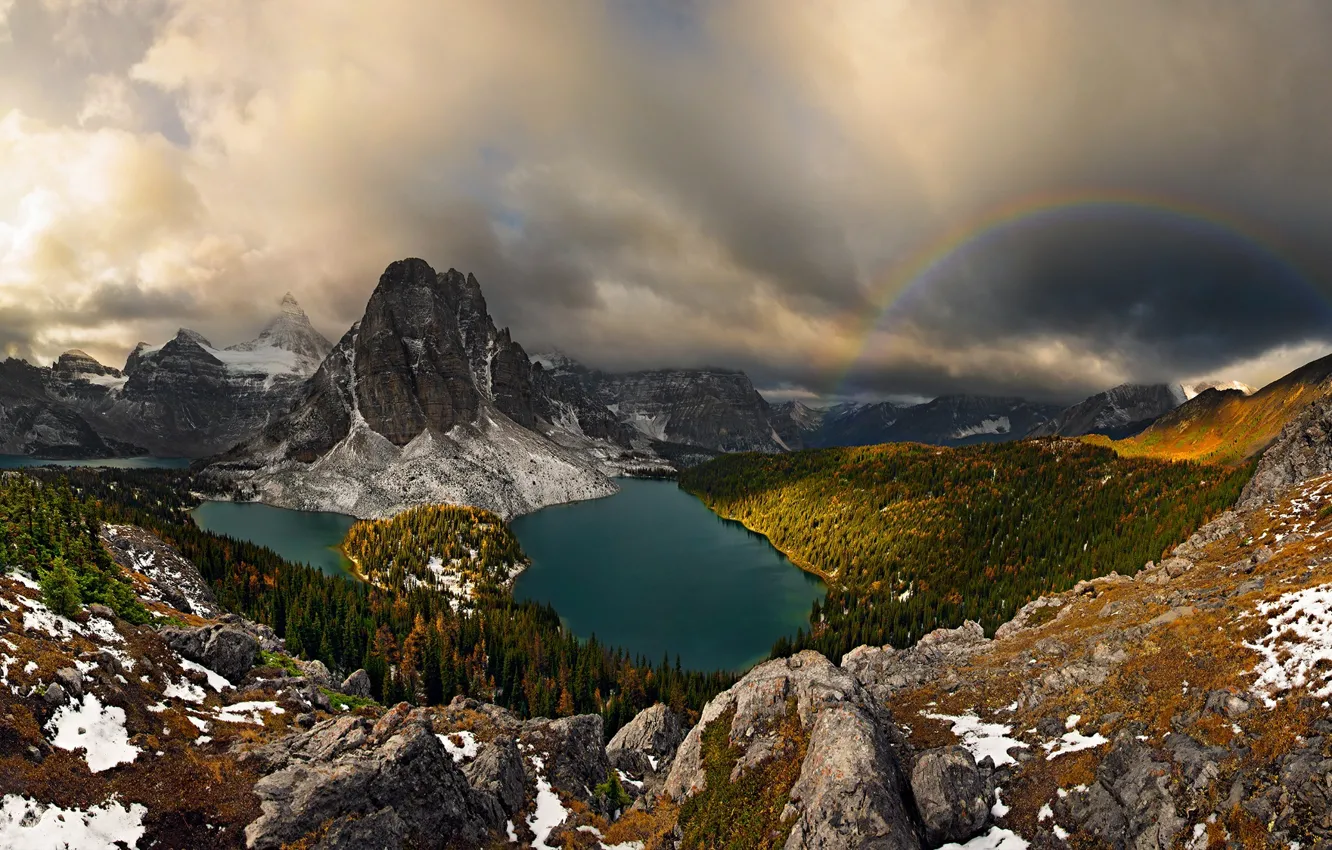 Фото обои осень, облака, горы, тучи, радуга, Канада, панорама, Альберта