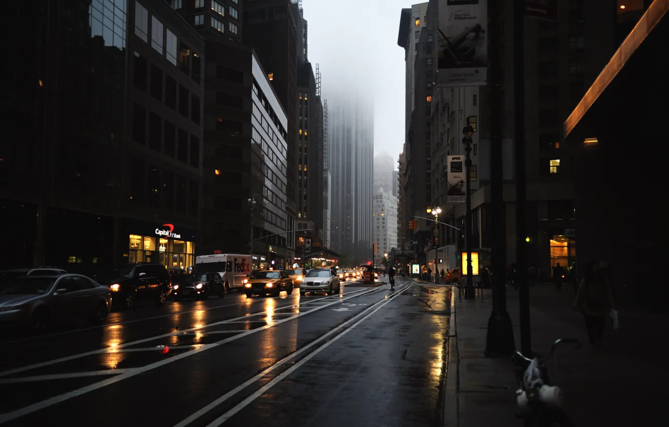 Фото обои city, cars, New York, buildings, mist