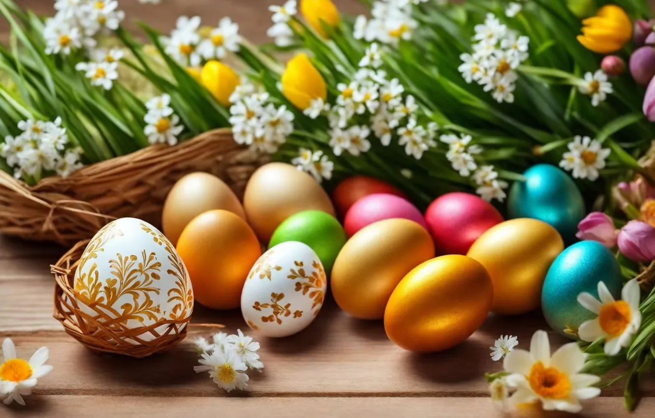 Фото обои цветы, яйца, весна, colorful, Пасха, happy, flowers, spring