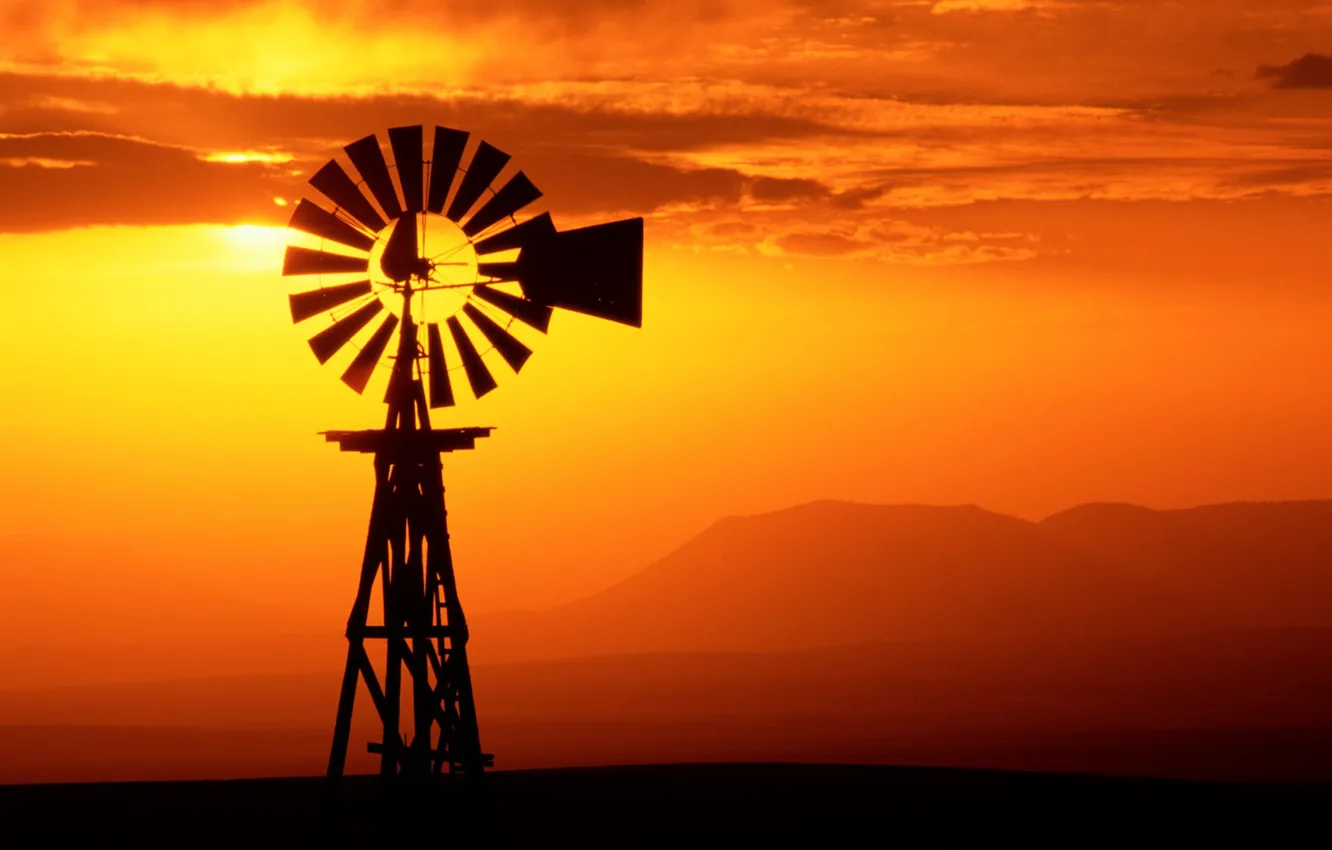 Фото обои небо, закат, ветер, силуэт, мельница, ветряки, лопасти