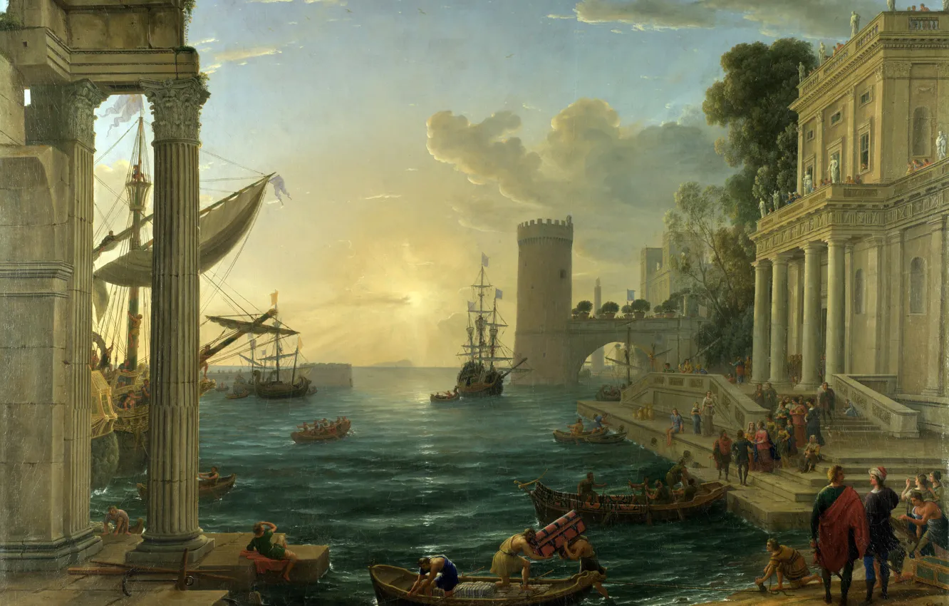 Фото обои море, небо, пейзаж, город, люди, лодка, картина, The Embarkation of the Queen of Sheba
