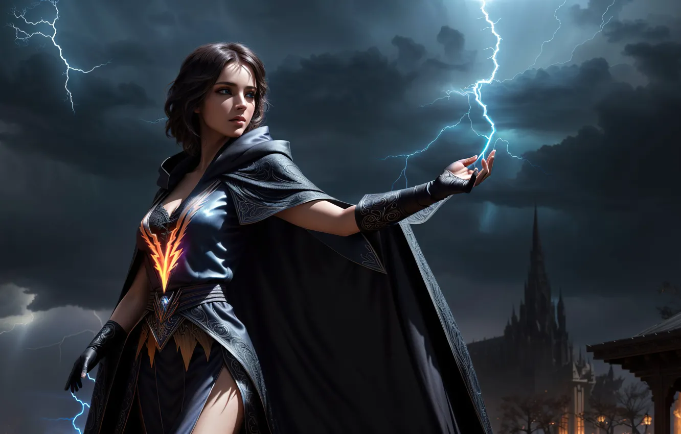Фото обои girl, fantasy, lightning, art, digital art, fantasy art, mage, fantasy girl