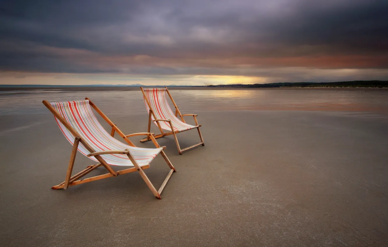 Фото обои море, пейзаж, закат, кресла