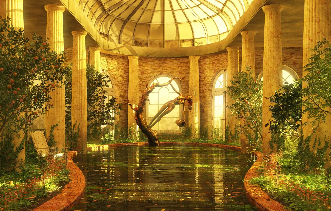 Фото обои вода, деревья, замок, интерьер, бассейн, арт, колонны, статуя