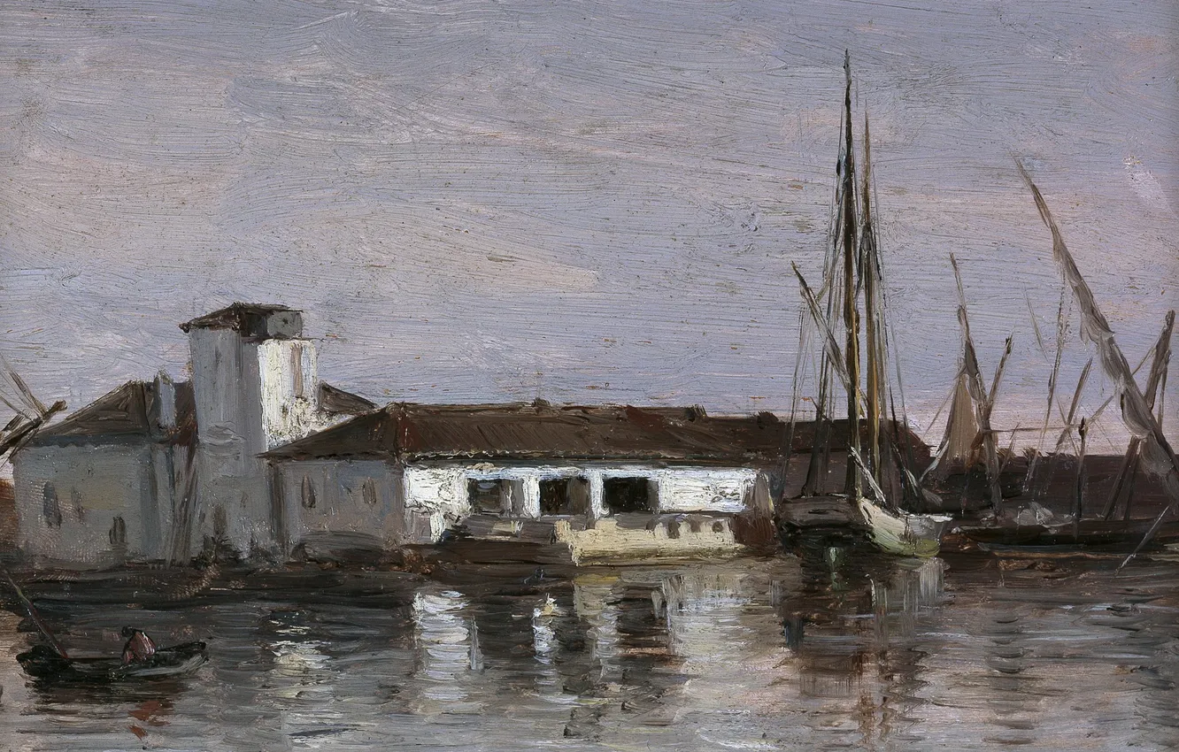 Фото обои пейзаж, дом, лодка, корабль, картина, гавань, Карлос де Хаэс, Лепрозорий на Мальорке