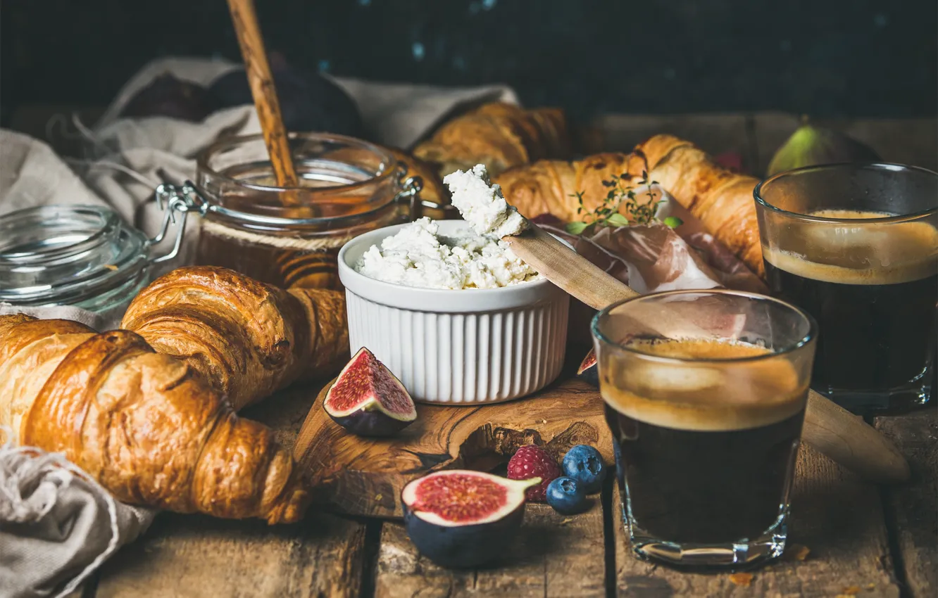 Фото обои кофе, еда, завтрак, мёд, круассаны, инжир, Natasha Breen