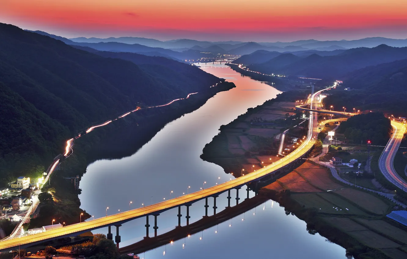 Фото обои горы, мост, река, холмы, дороги, Корея