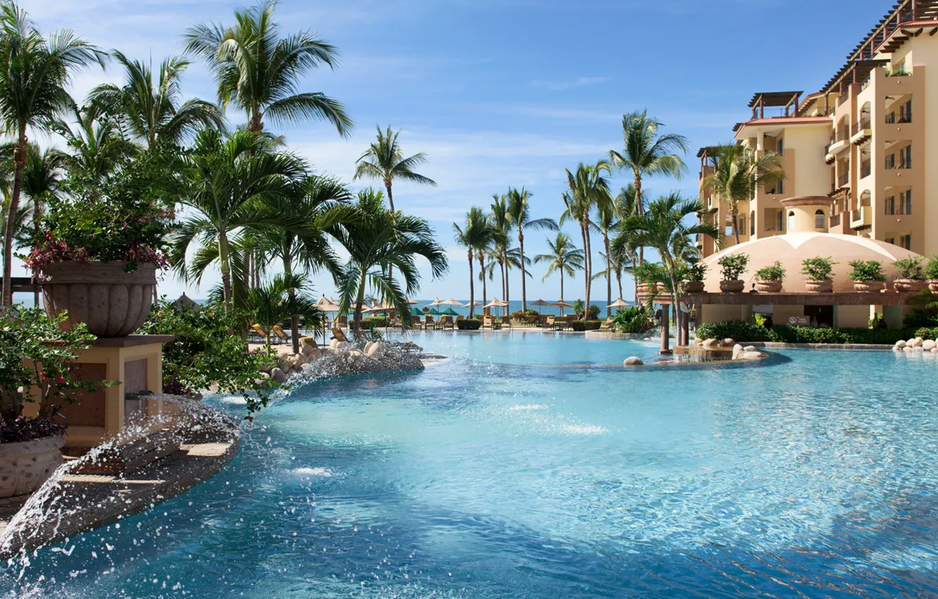 Фото обои пальмы, океан, бассейн, Мексика, курорт, Mexico, La Estancia, riviera Nayarit