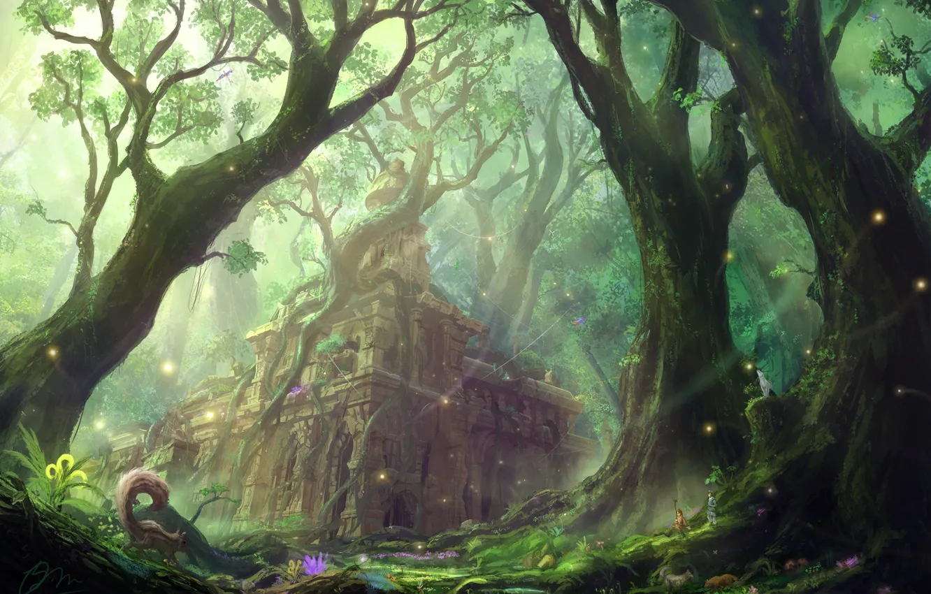 Фото обои лес, замок, рисунок, белка, арт, руины, строение
