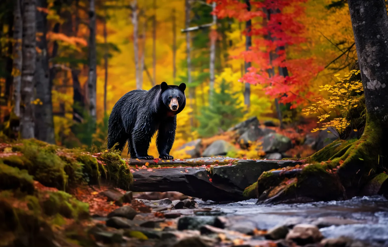 Фото обои Деревья, Лес, Медведь, Хищник, Речка, Цифровое искусство, Барибал, Черный медведь