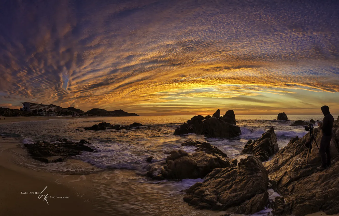 Фото обои море, небо, закат, камни, берег, Мексика