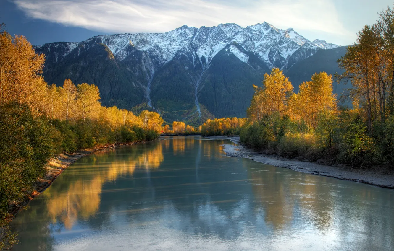 Фото обои осень, небо, снег, деревья, горы, река