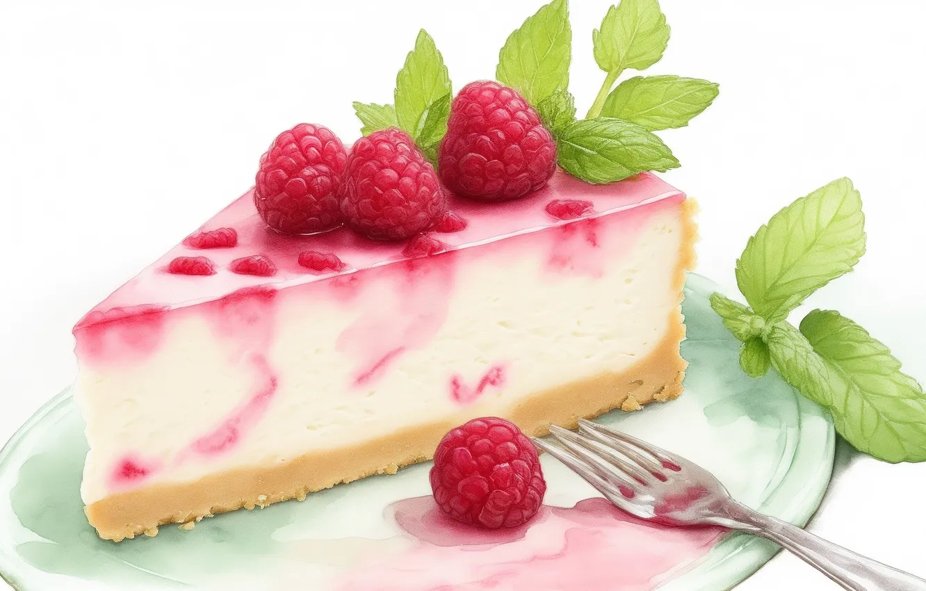 Фото обои малина, рисунок, еда, вкус, акварель, торт, пирожное, cake