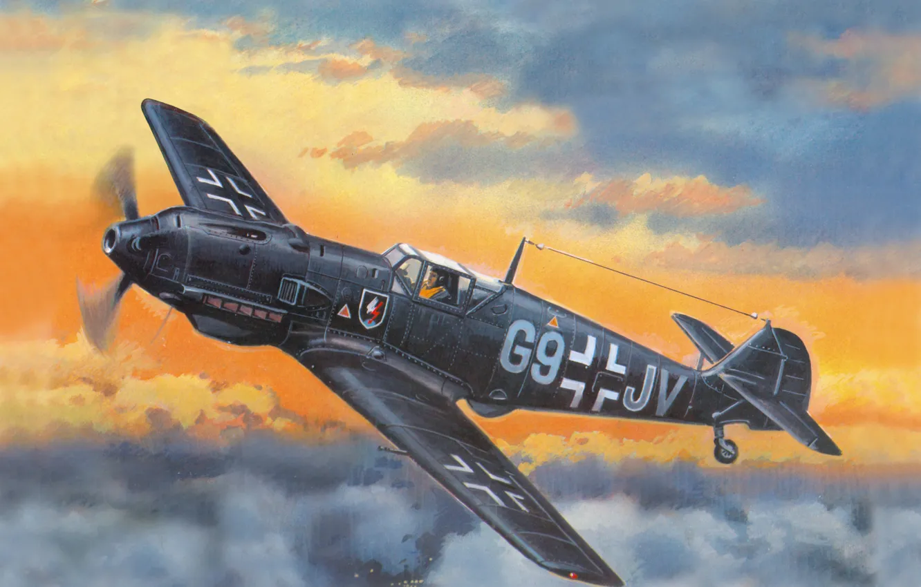 Фото обои небо, рисунок, истребитель, арт, Messerschmitt, немецкий, WW2, Bf - 109E4