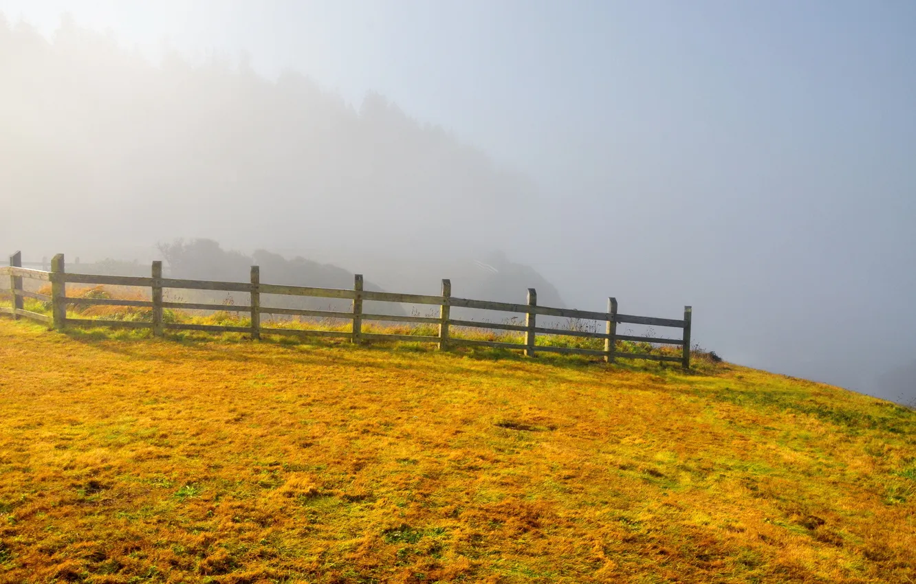 Фото обои пейзаж, туман, забор, гора