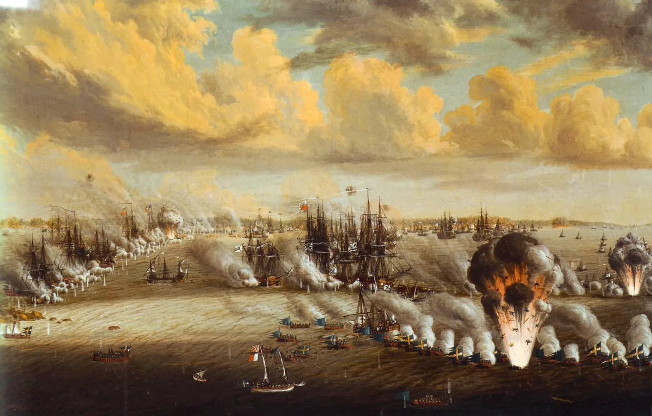 Фото обои масло, картина, холст, 9—10 июля 1790 года, Юхан Титрих Шульц, «Битва при Роченсальме», Русско-шведская война, …