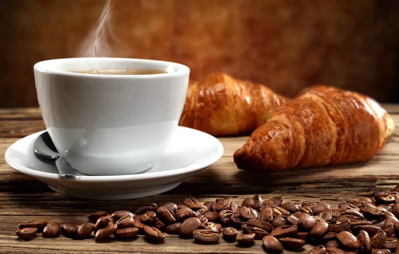 Фото обои кофе, горячий, завтрак, чашка, cup, beans, coffee, круассаны