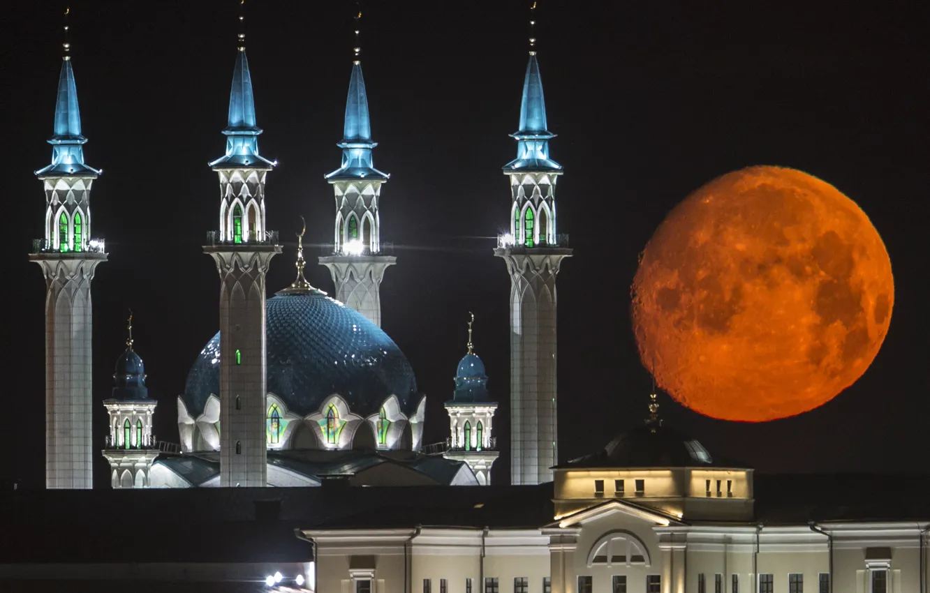 Фото обои блеск, здание, архитектура, красная луна, Казань, Кул-Шариф