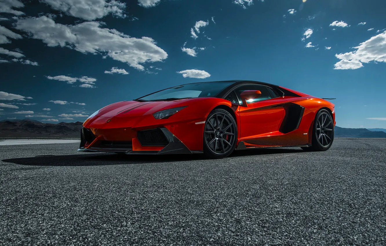 Фото обои Lamborghini, Orange, Clouds, Sky, Front, Vorsteiner, Supercar, Desert