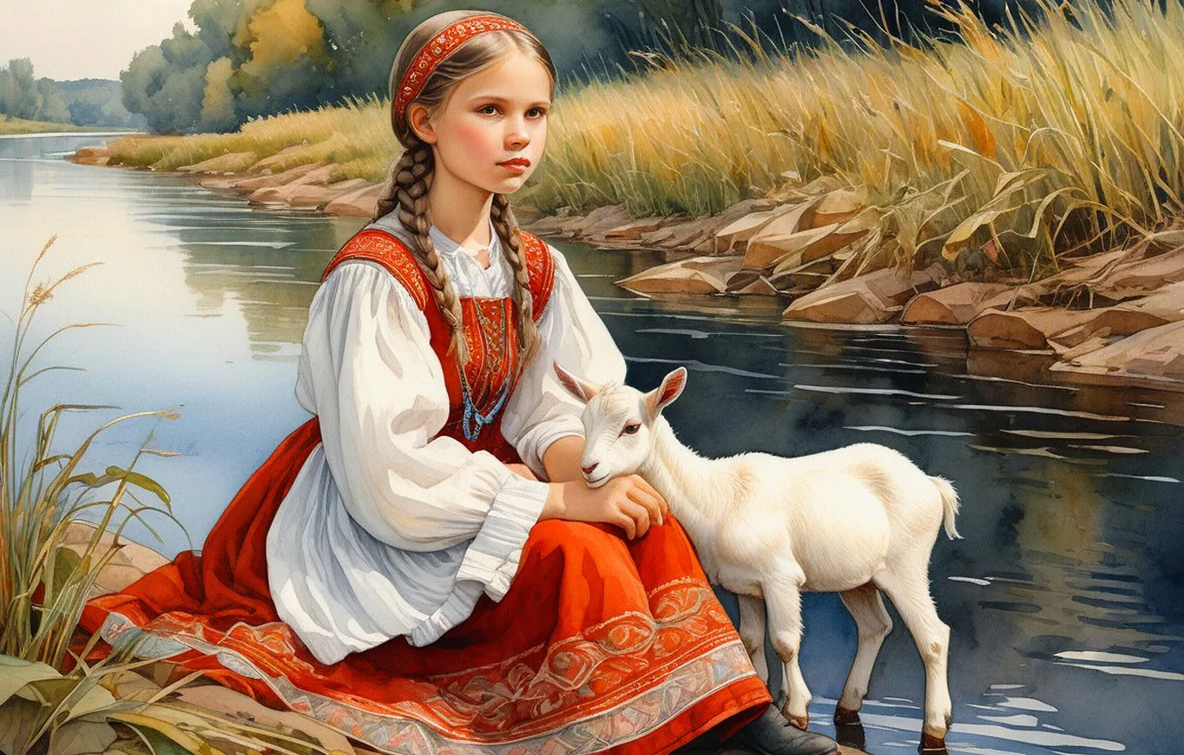 Фото обои лес, белый, девушка, красный, река, камни, берег, сказка