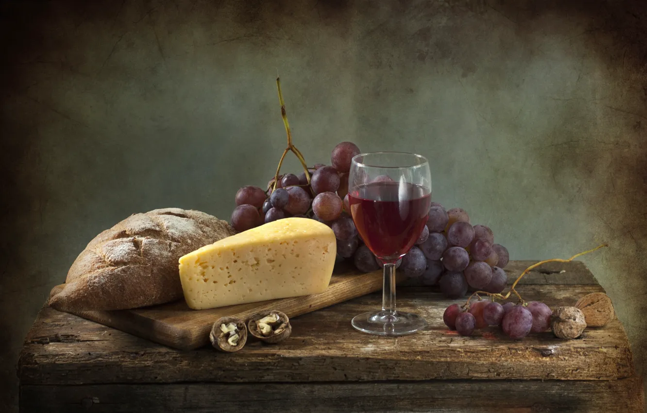 Фото обои вино, сыр, хлеб, виноград, грецкий орех