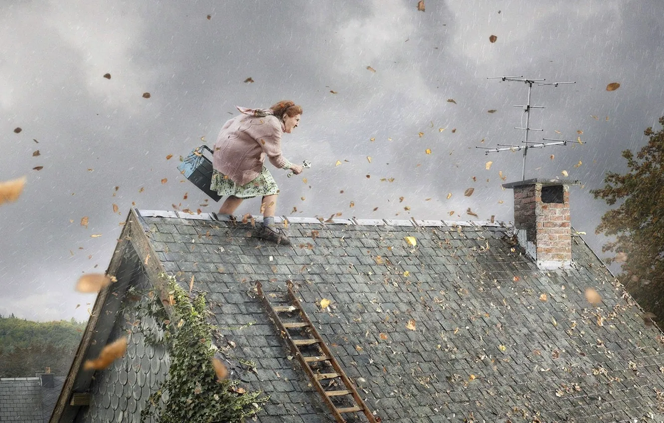 Фото обои крыша, листья, ветер, инструмент, бабка