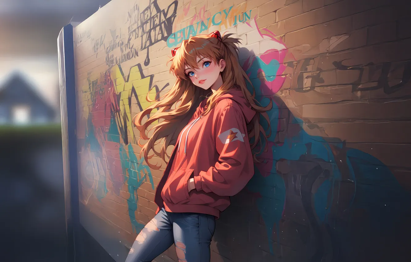 Фото обои girl, wall, brick, AI Art