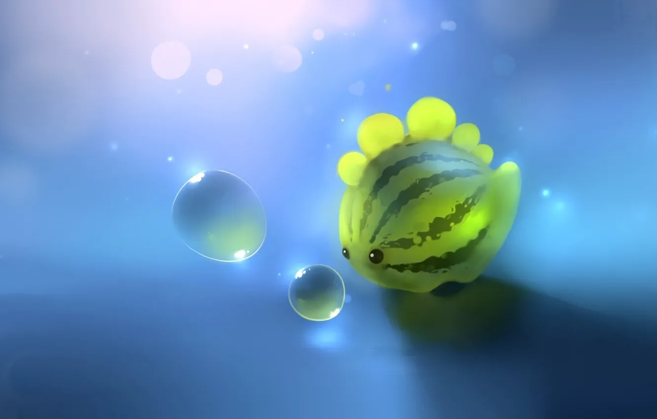 Фото обои пузырьки, динозавр, арбуз, арт, apofiss, watermelon dino