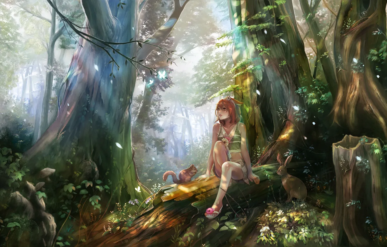 Фото обои лес, девушка, деревья, заяц, белка, арт, бревно