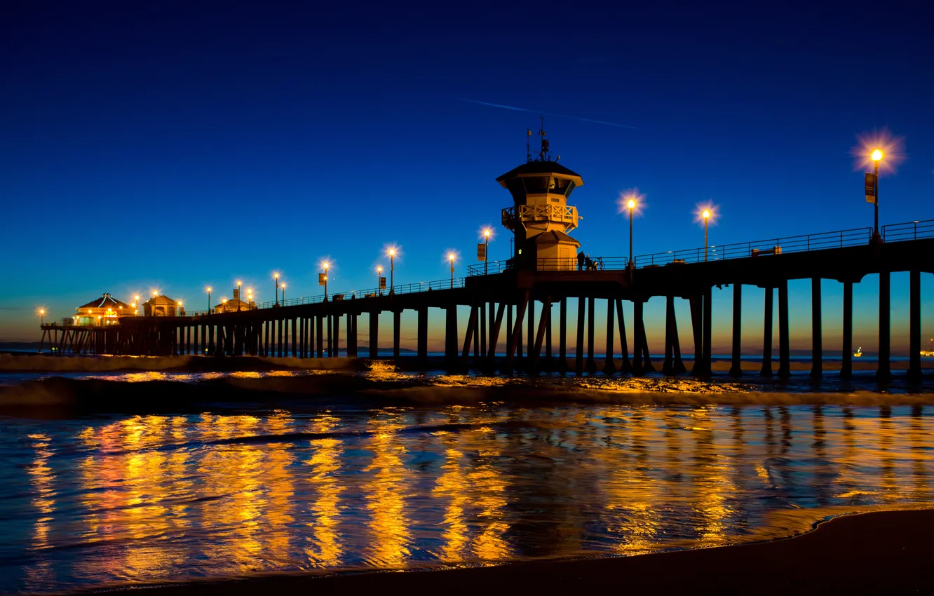 Фото обои пляж, огни, океан, вечер, Huntington Beach