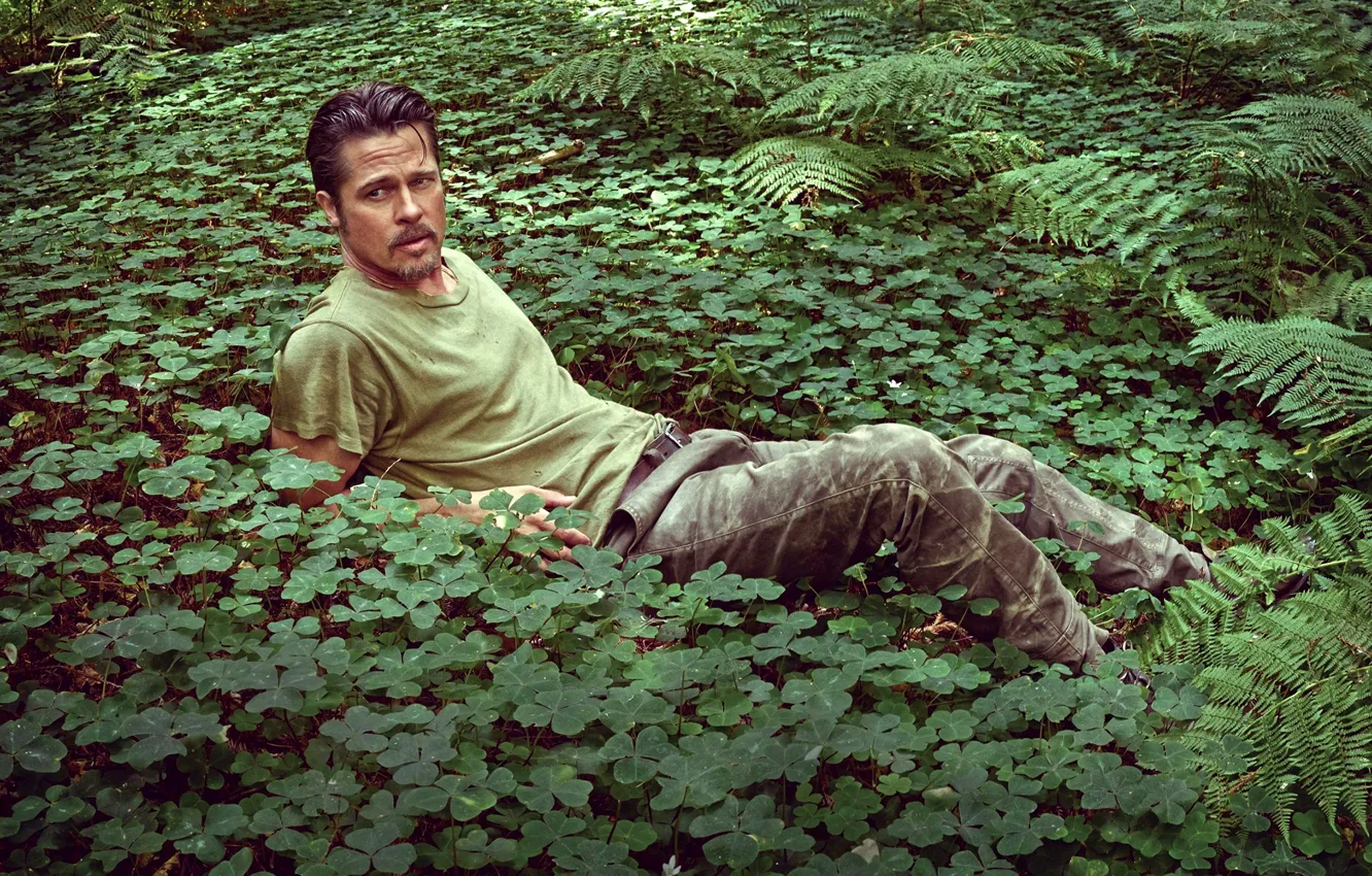 Фото обои зелень, листья, природа, актер, мужчина, Брэд Питт, Brad Pitt