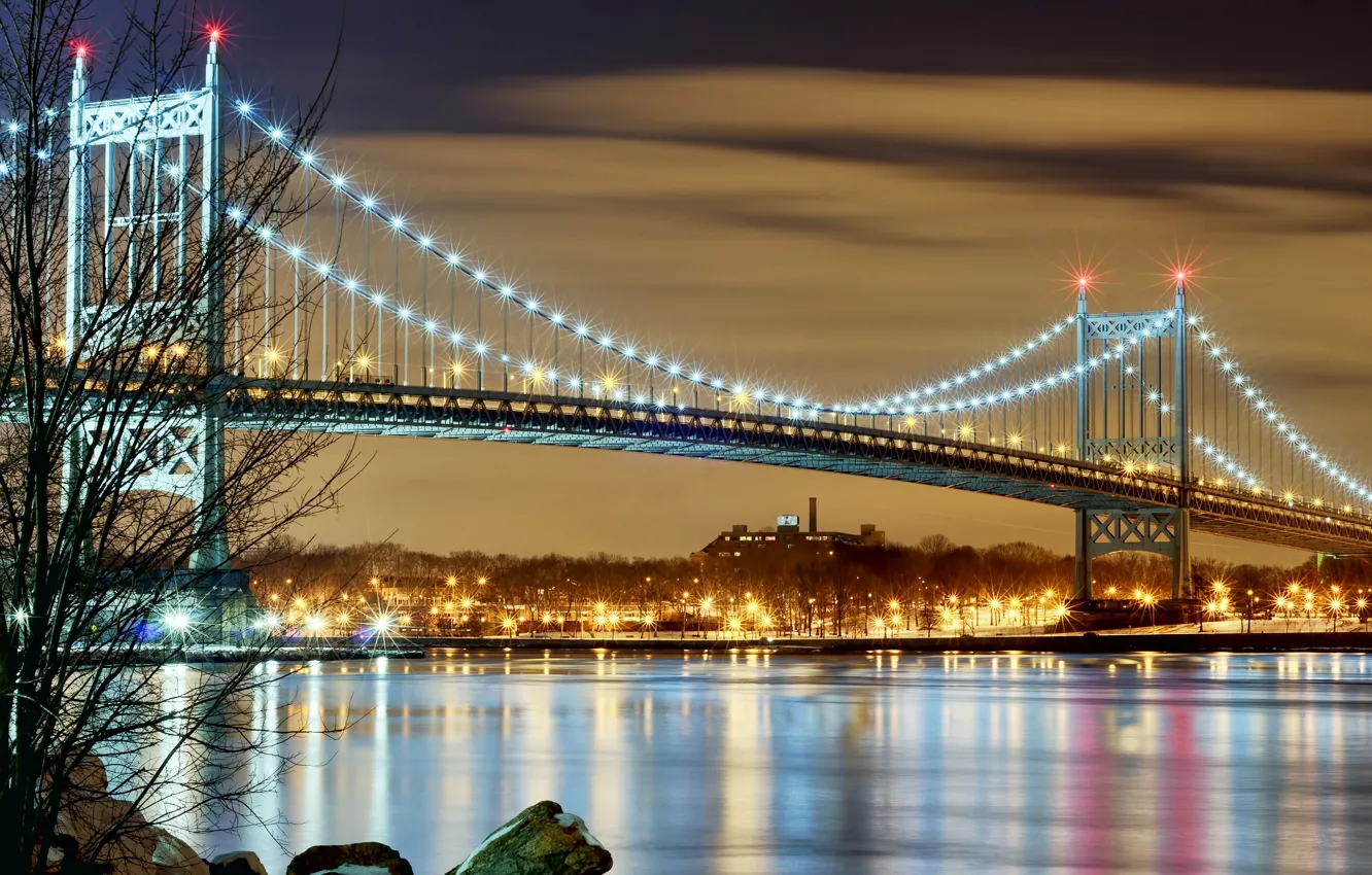 Фото обои мост, город, огни, Нью-Йорк, вечер, сша, new york