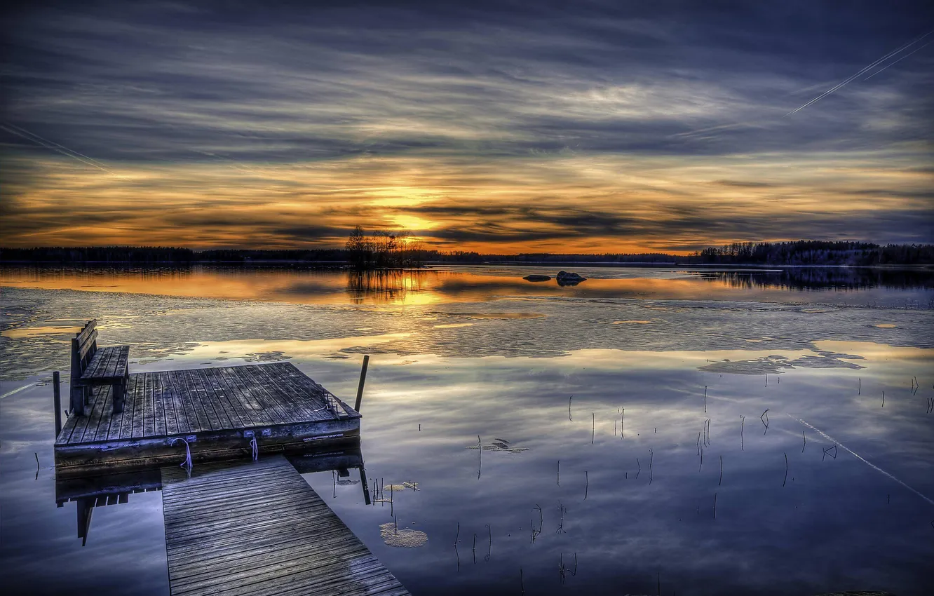 Фото обои снег, закат, озеро, HDR