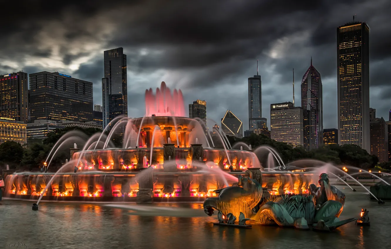 Фото обои здания, дома, подсветка, Чикаго, фонтан, Иллинойс, ночной город, Chicago