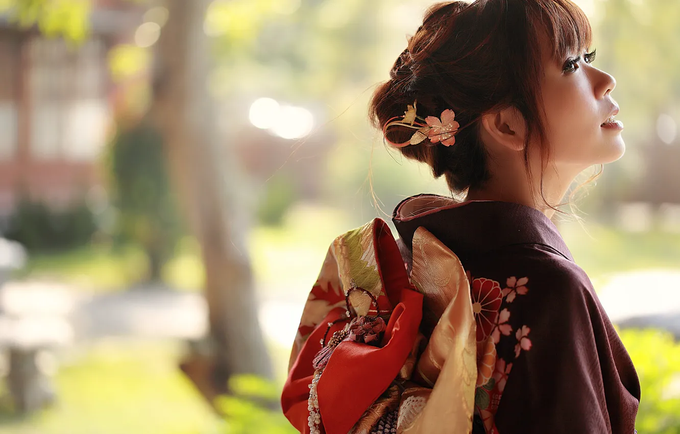 Фото обои лето, взгляд, девушка, лицо, стиль, фон, одежда, кимоно