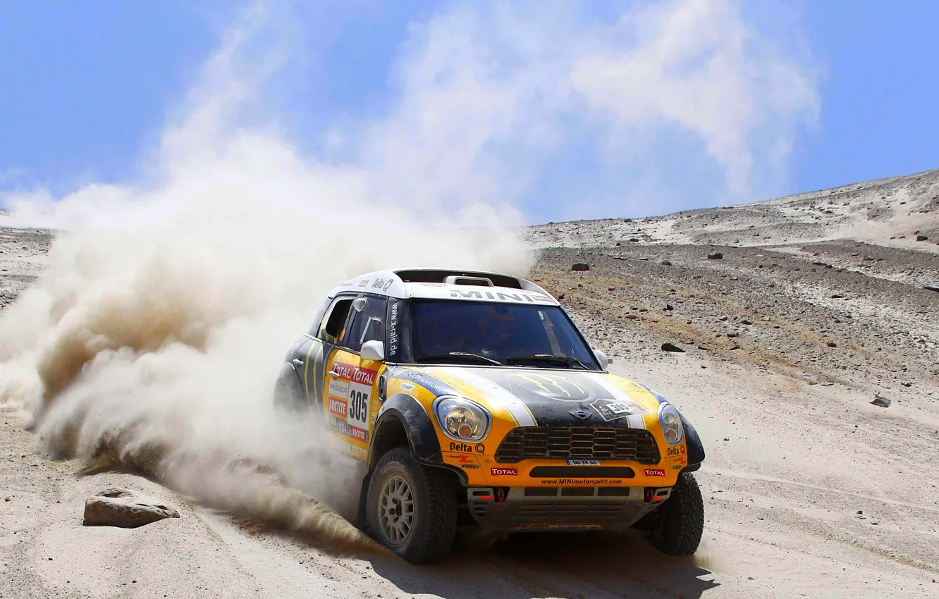 Фото обои Песок, Желтый, Пыль, День, Mini Cooper, Жара, Rally, Dakar