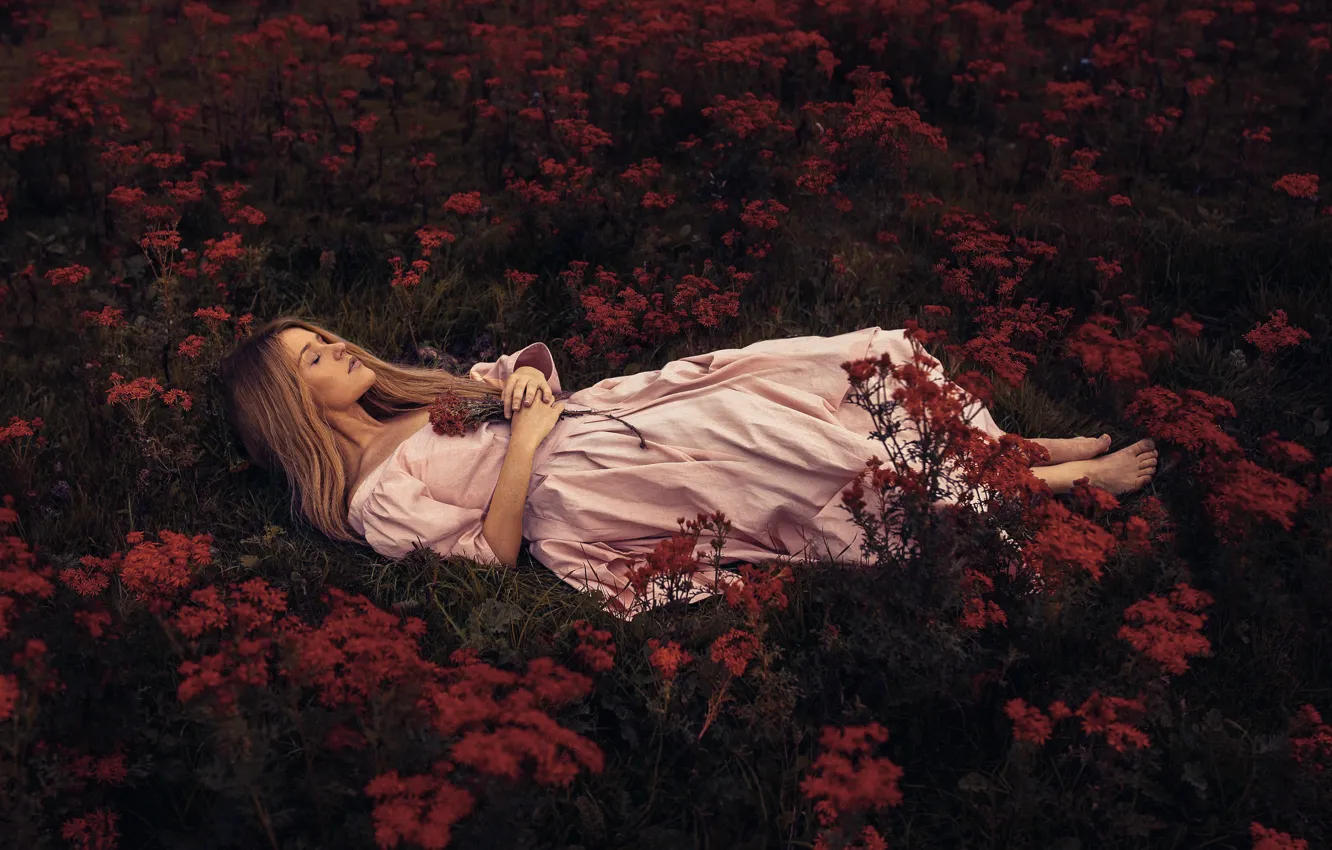Фото обои девушка, цветы, сон, Rosie Hardy, To lie in the soft brown earth