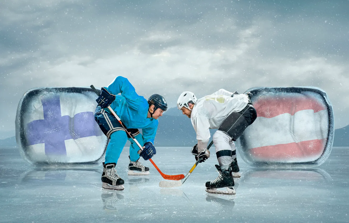 Фото обои спорт, лёд, перчатки, хоккей, униформа, мужчины, коньки, шлемы