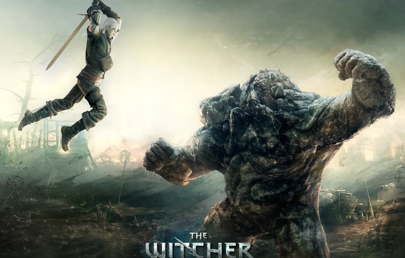 Фото обои прыжок, the witcher, голем