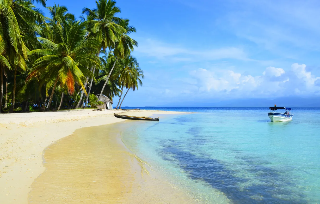 Фото обои море, пляж, тропики, пальмы, лодки