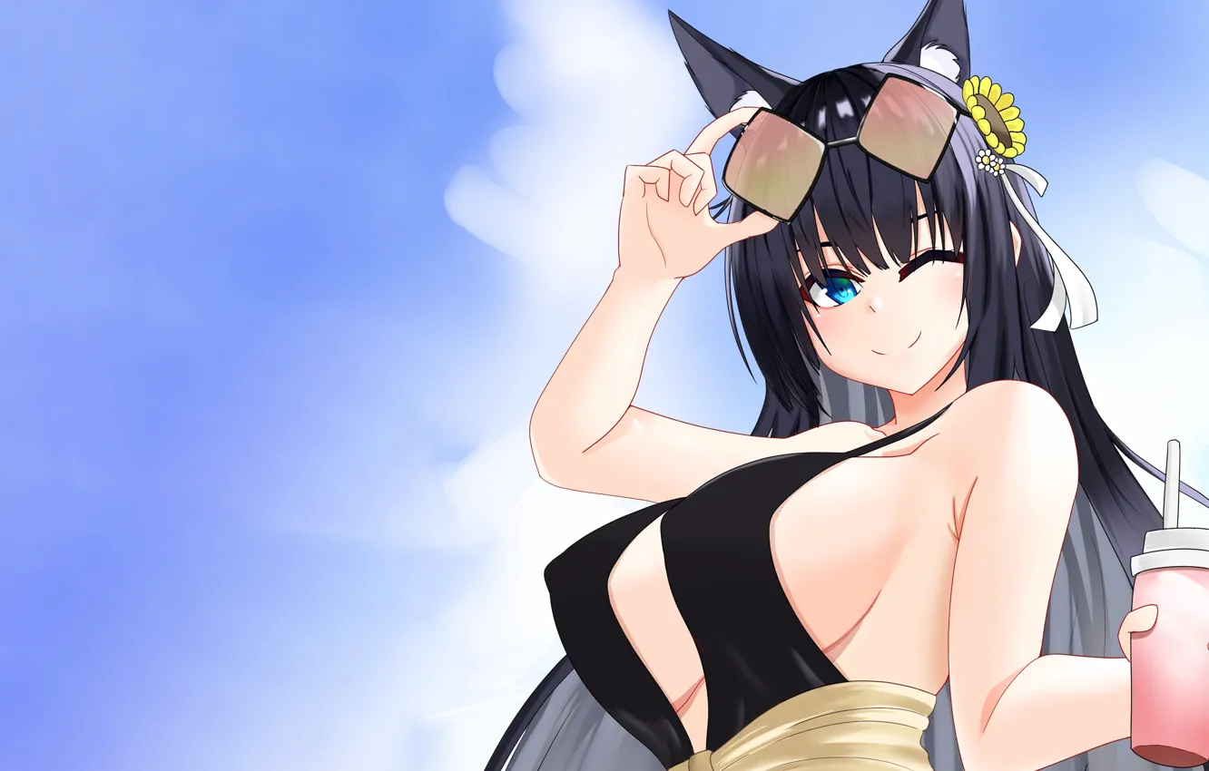 Фото обои girl, sexy, cleavage, long hair, boobs, anime, blue eyes, beautiful