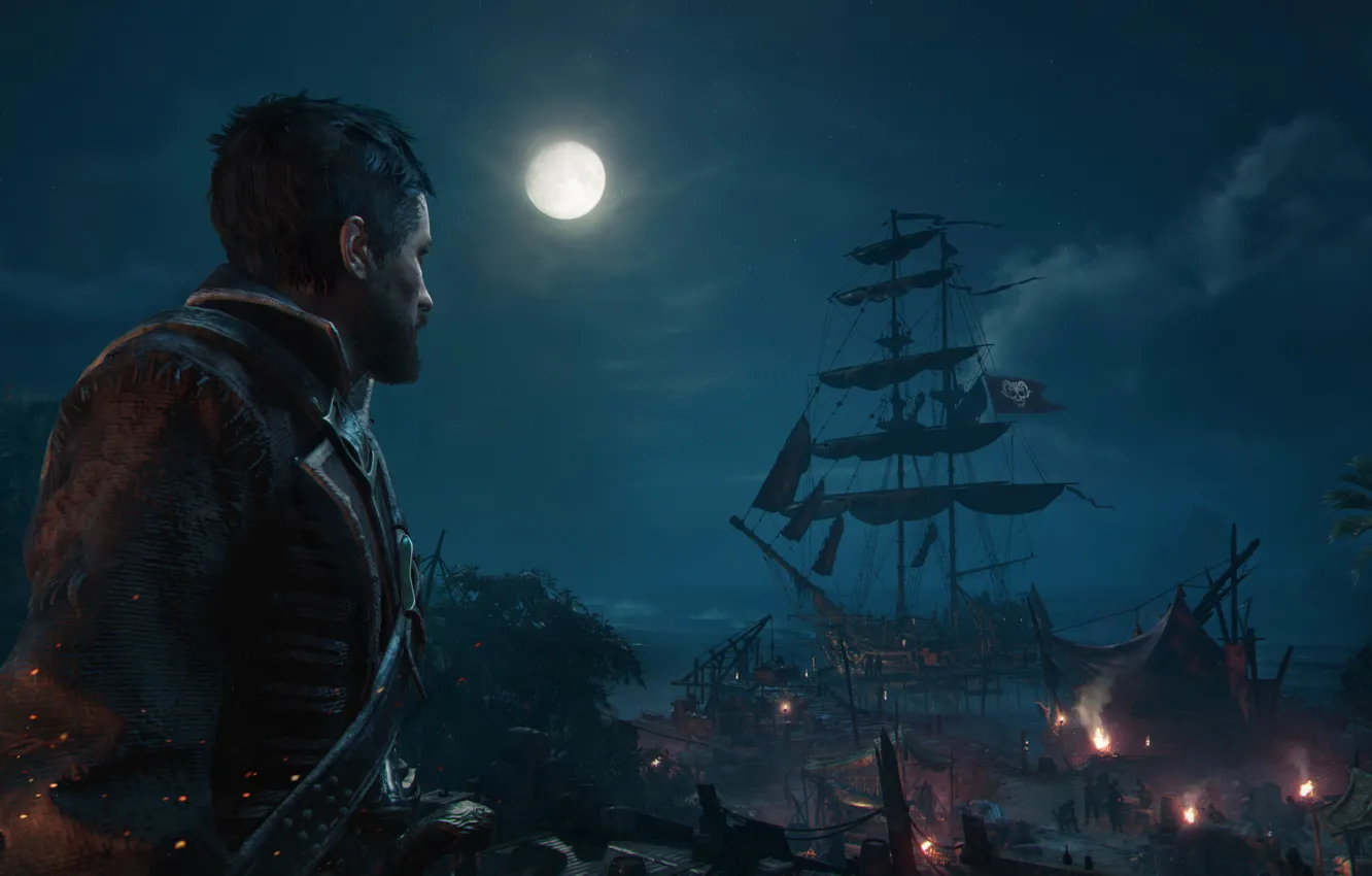 Фото обои ночь, луна, игра, корабль, скриншот, game, screenshot, Череп и кости